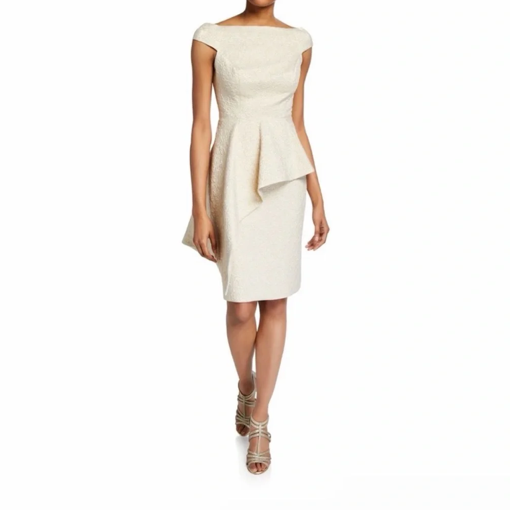 Rickie Freeman Teri Jon Peplum Gold Metallic Textured Jacquard Asymmetric Dress - Picture 4 of 11